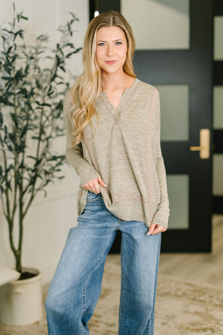 Never Been So Sure Lace Accent Henley Top in Taupe - 8/18