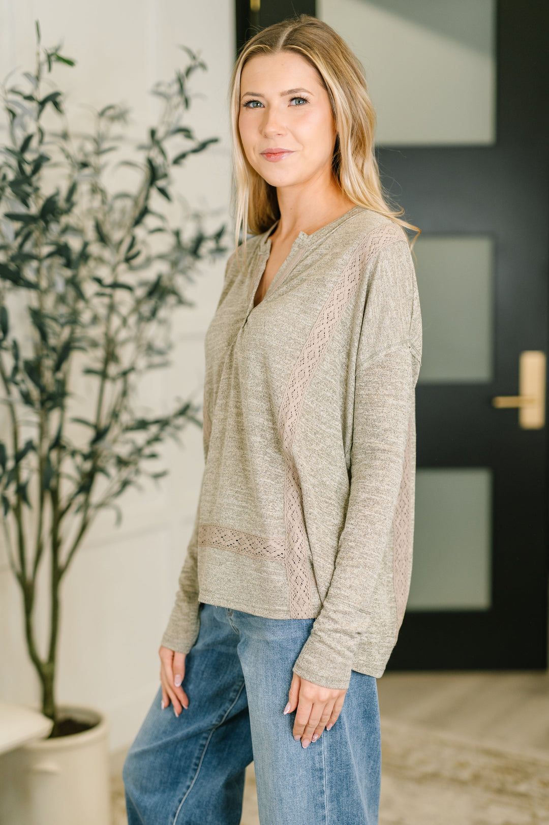 Never Been So Sure Lace Accent Henley Top in Taupe - 8/18