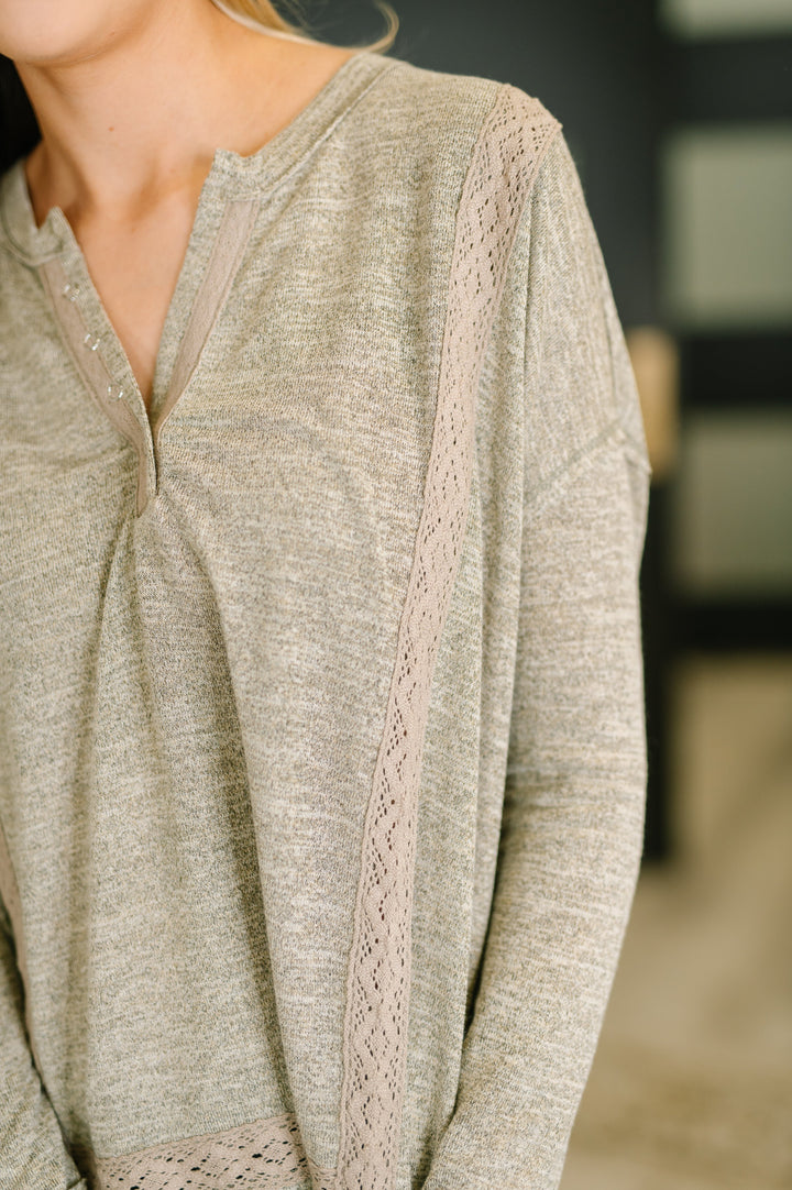 Never Been So Sure Lace Accent Henley Top in Taupe - 8/18