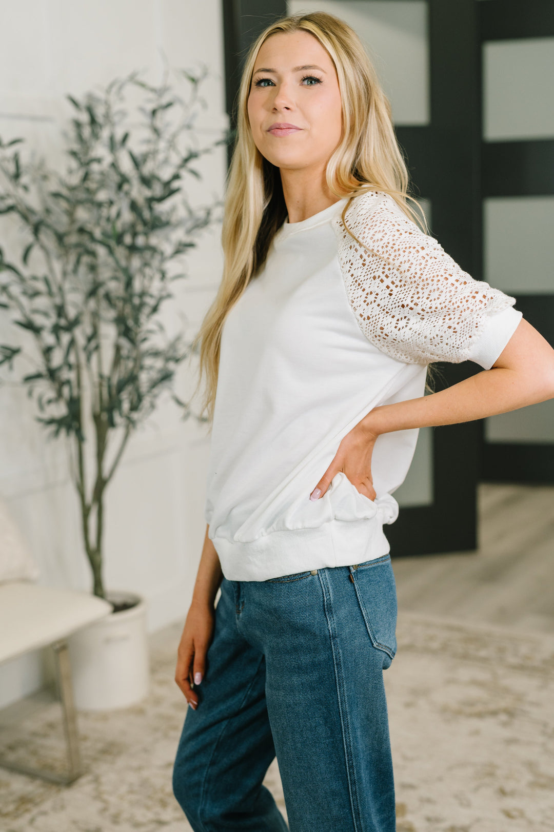 Never Too Lace Raglan Crochet Sleeve Top - 7/14