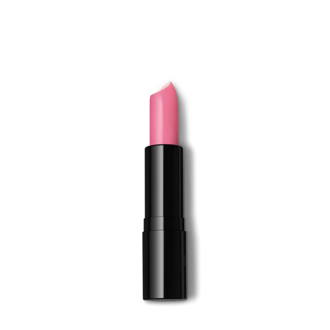Genie Lip Teaser lipstick in soft pink shade in open black bullet tube on white background
