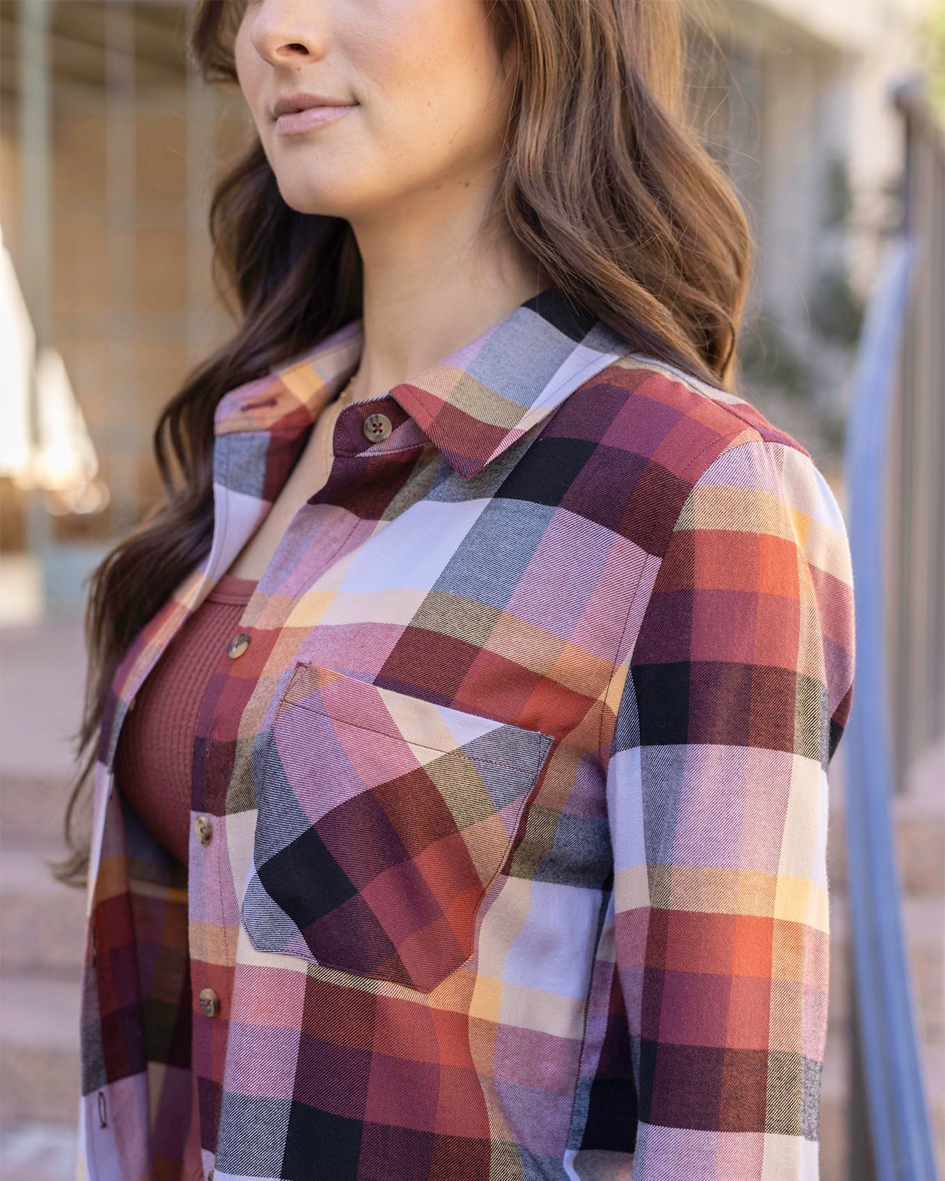 Sunset Northern Plaid Flannel Top by Grace & Lace (Ships in 1-2 Weeks)
