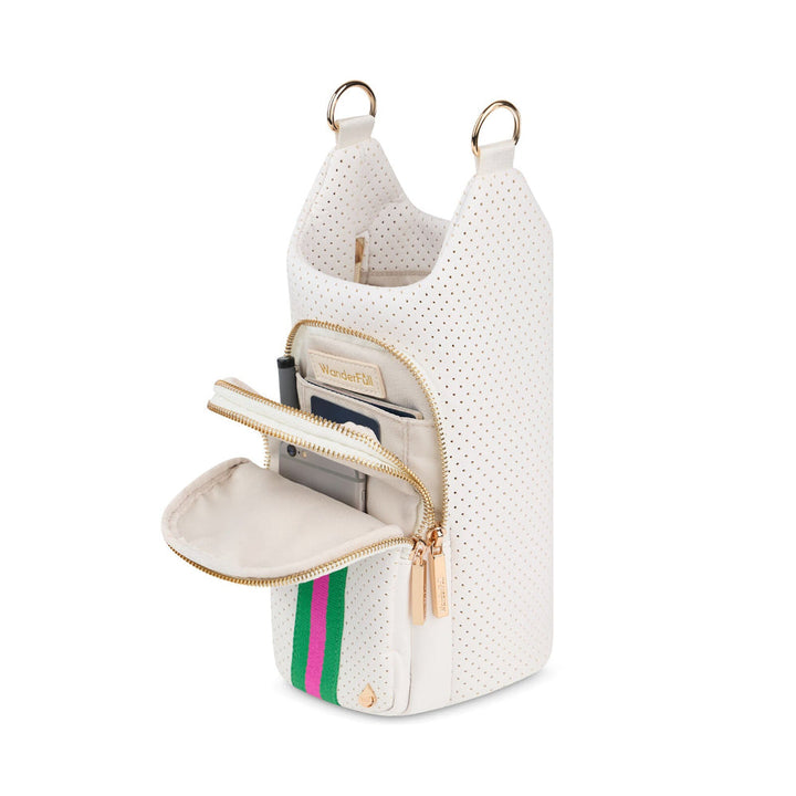JUNE MARKET: HydroBag® HANDLE®-White Coated Perforated Neoprene HydroBag® with Pink/Green Stripe by Wanderfull (Ships in 2-3 Weeks)