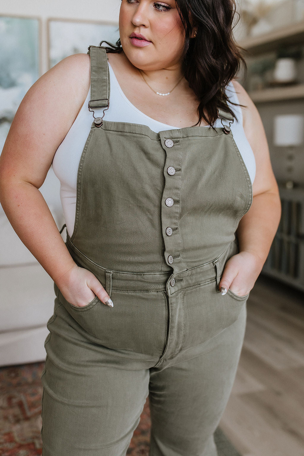 Olivia Control Top Release Hem Overalls in Olive by Judy Blue
