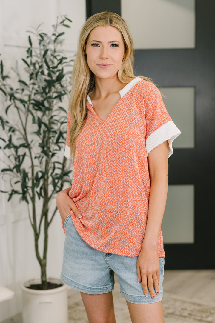One Piece at a Time V-Neck Short Sleeve Top in Coral - 3/31