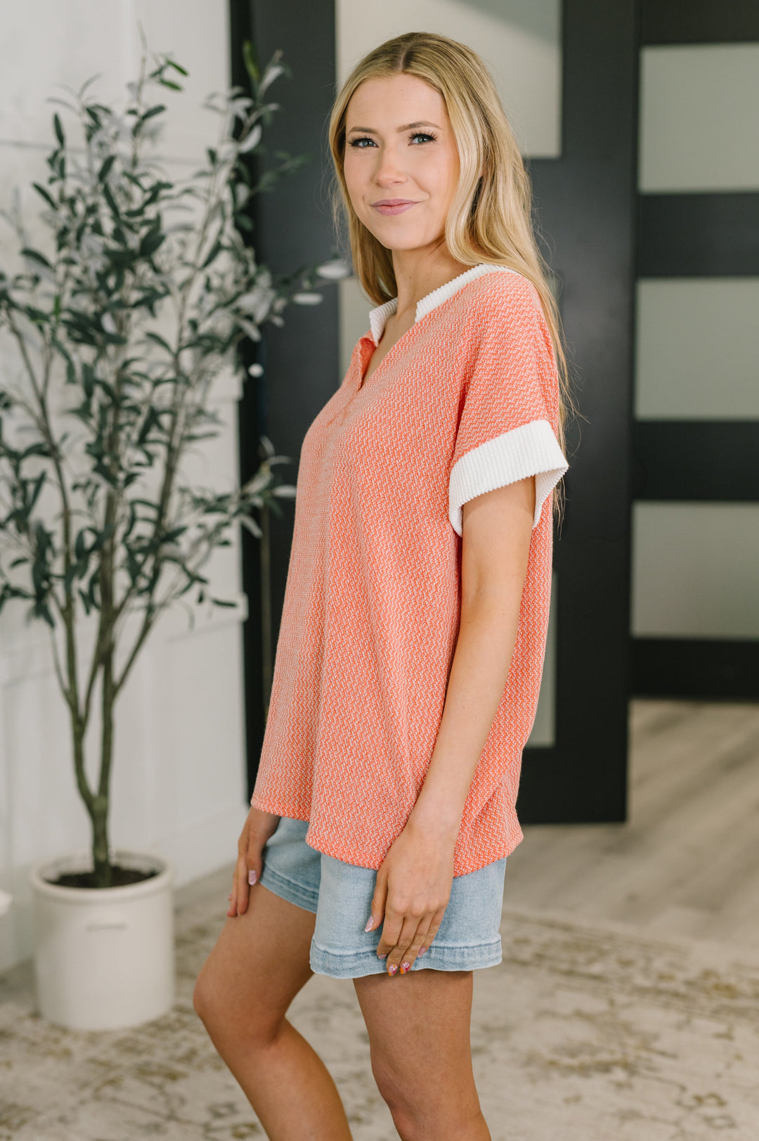 One Piece at a Time V-Neck Short Sleeve Top in Coral - 3/31