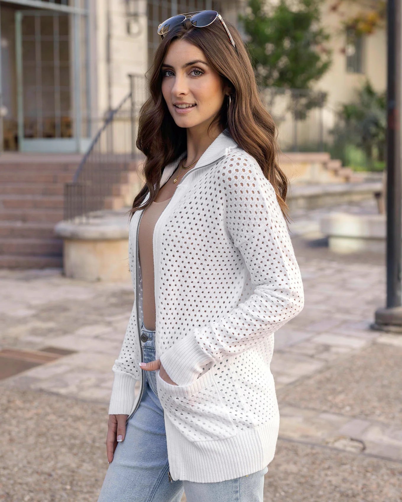 White Open Knit Zippered Cardigan by Grace & Lace (Ships in 1-2 Weeks)