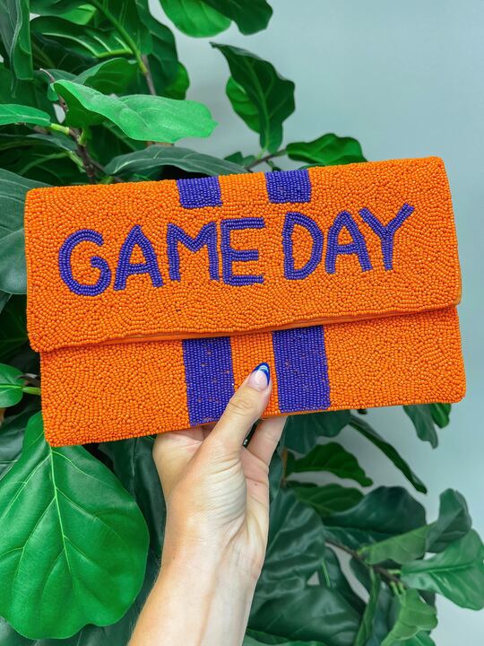 'Game Day' Beaded Clutch & Convertible Crossbody - Orange & Purple