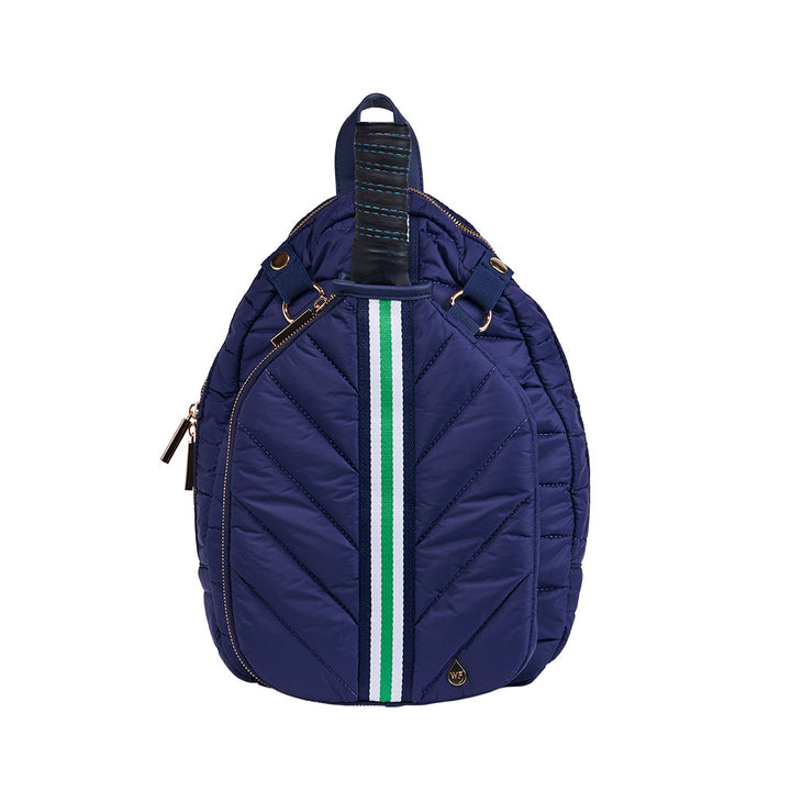 navy blue pickleball backpack sling with a green stripe on a white background