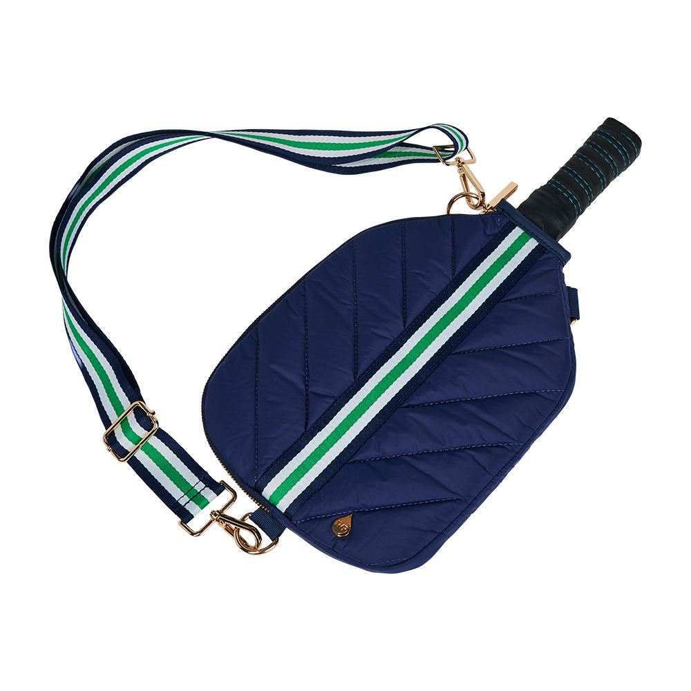 Navy blue pickleball bag with green and white striped strap on a white background