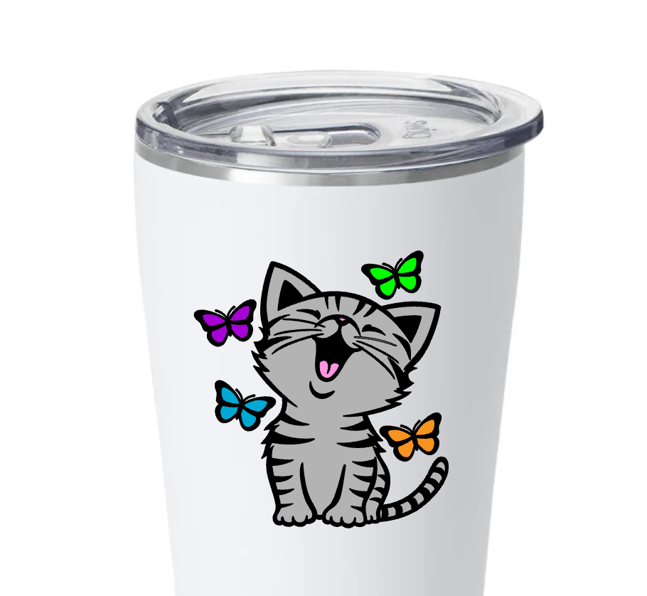 White insulated tumbler featuring a cartoon gray tabby kitten surrounded by colorful butterflies