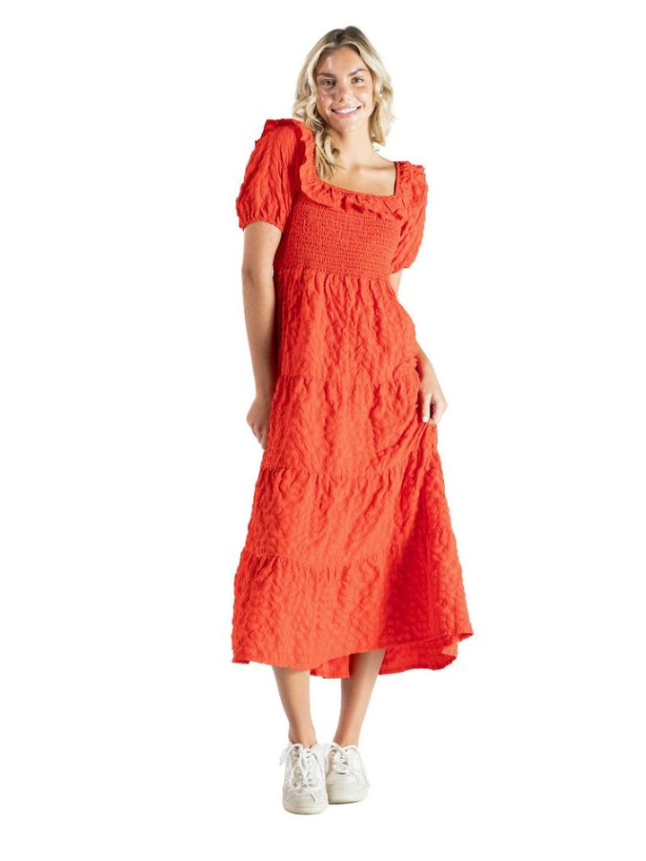 Textured Puff Sleeve Maxi Dress - Red by Simply Southern