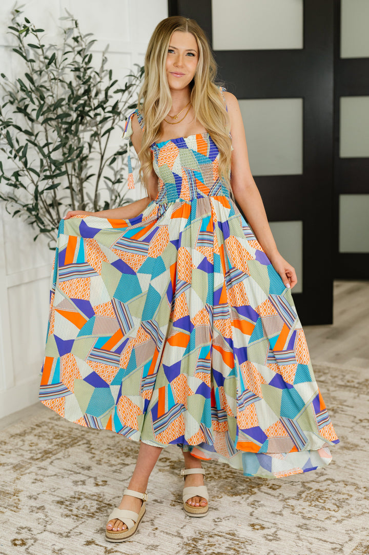 Paint Me Pretty Square Neck Dress in Lime, Blue and Tangerine - 6/29