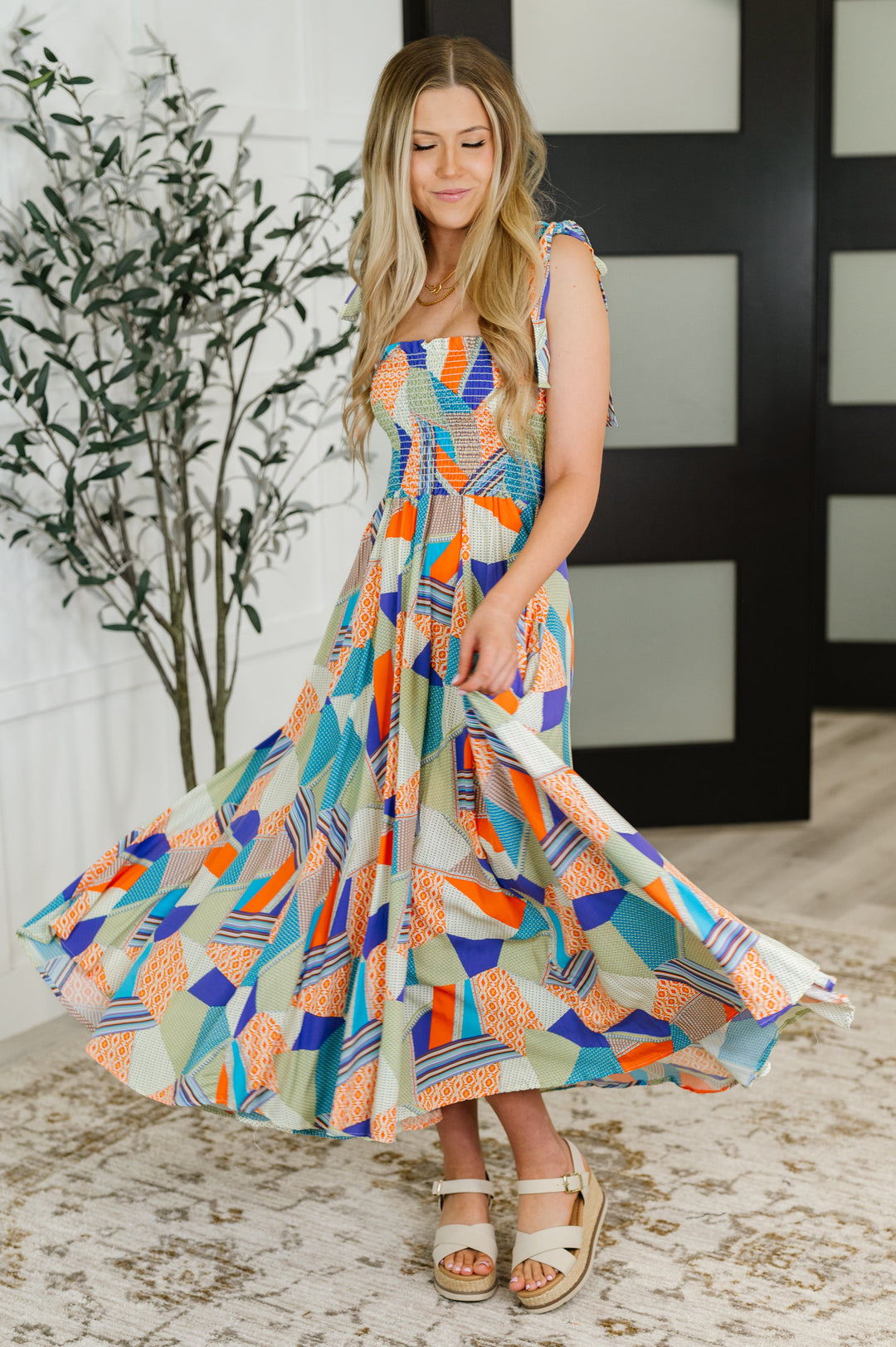 Paint Me Pretty Square Neck Dress in Lime, Blue and Tangerine - 6/29
