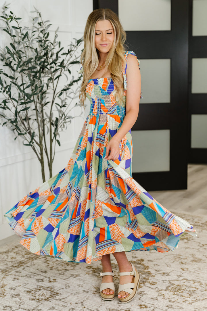 Paint Me Pretty Square Neck Dress in Lime, Blue and Tangerine - 6/29