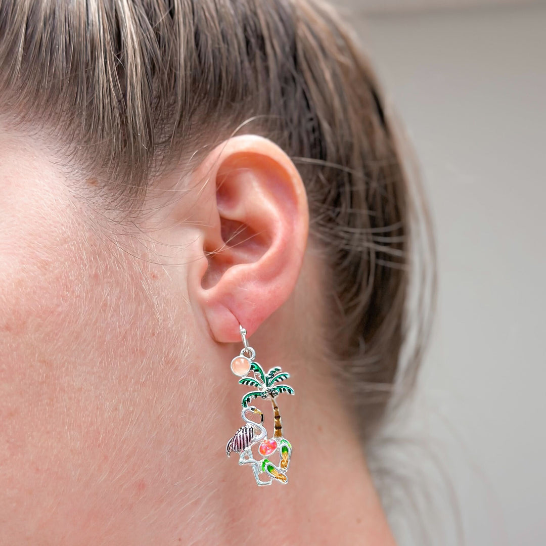 Palm Flamingo Enamel Dangle Earrings