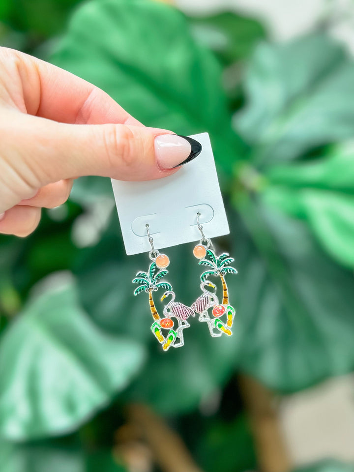 Palm Flamingo Enamel Dangle Earrings