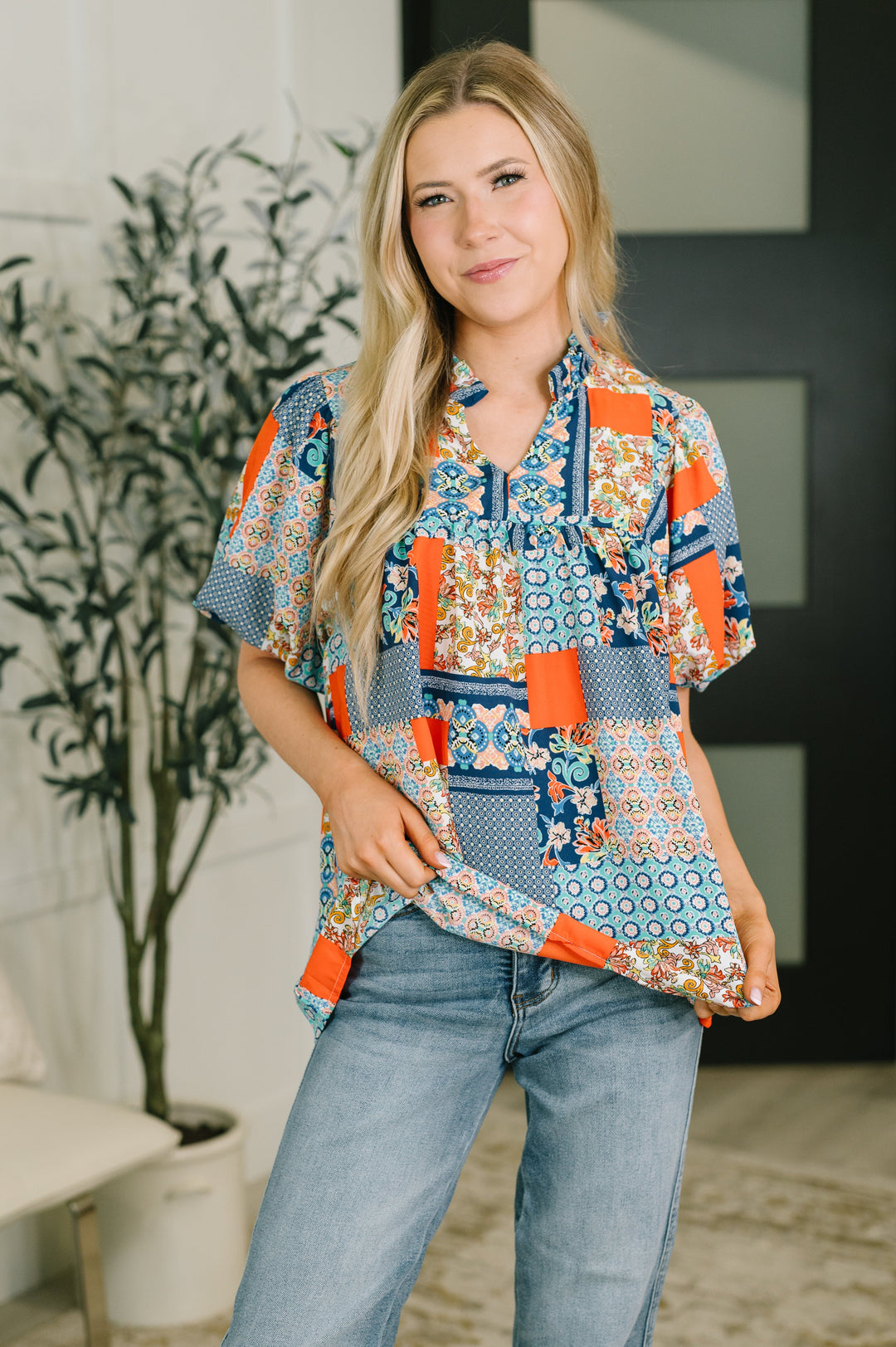 Pardon Me Patchwork Puff Sleeve Blouse - 8/7