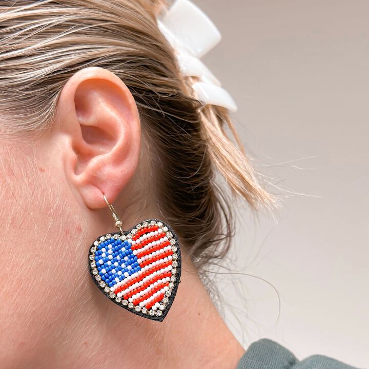 Patriotic Red, White, & Blue Seed Bead Heart Dangle Earrings