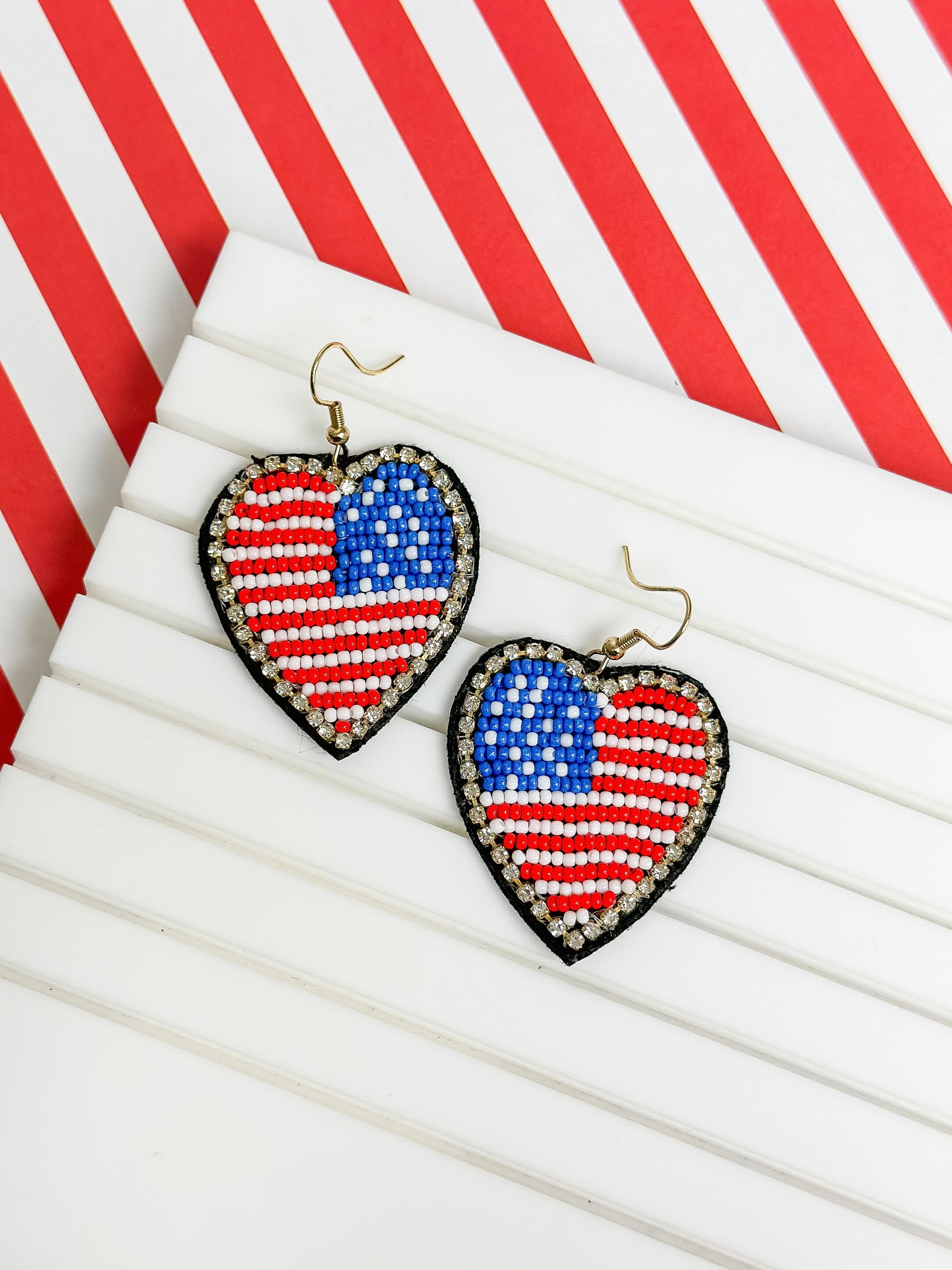 Patriotic Red, White, & Blue Seed Bead Heart Dangle Earrings