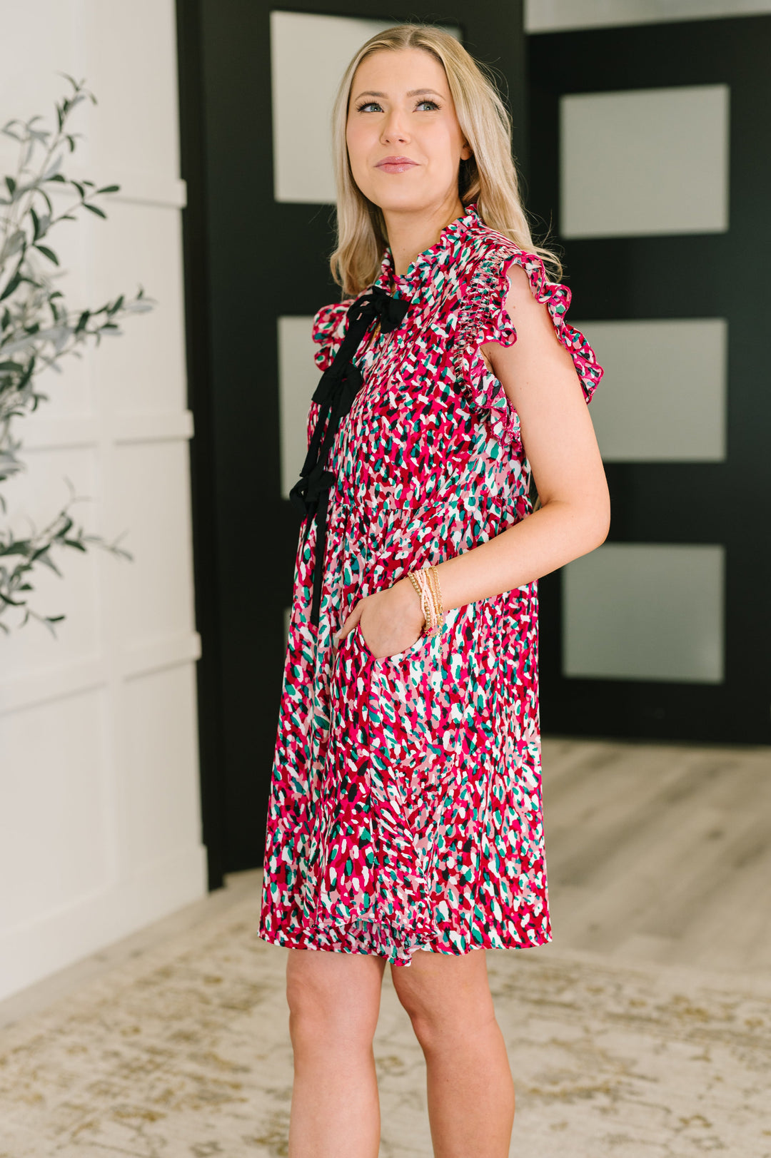 Pattern Pending Bow Detail Dress in Fuchsia and Black - 7/2