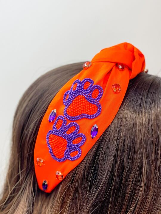 Paw Print Game Day Embellished Headband - Orange & Purple
