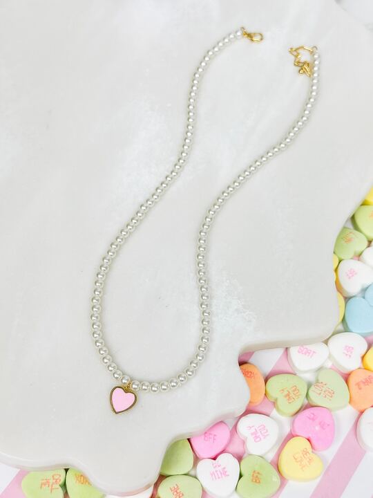 Pearl Bead Heart Charm Necklace - Pink