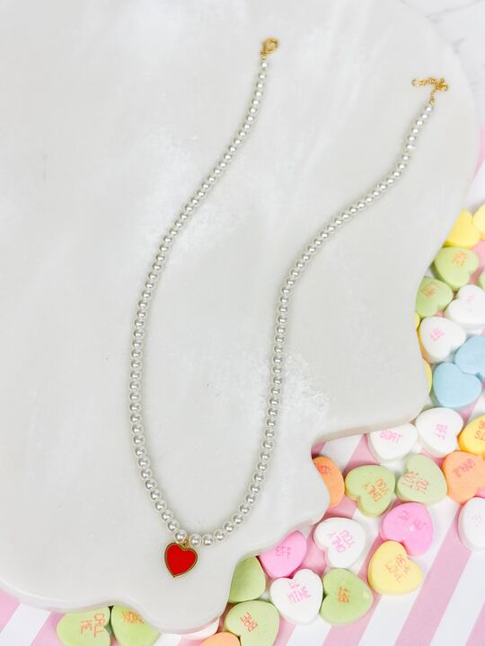 Pearl Bead Heart Charm Necklace - Red