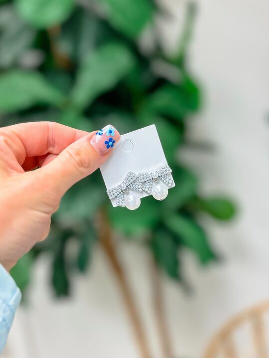 Pearl Bow Post Earrings - Silver