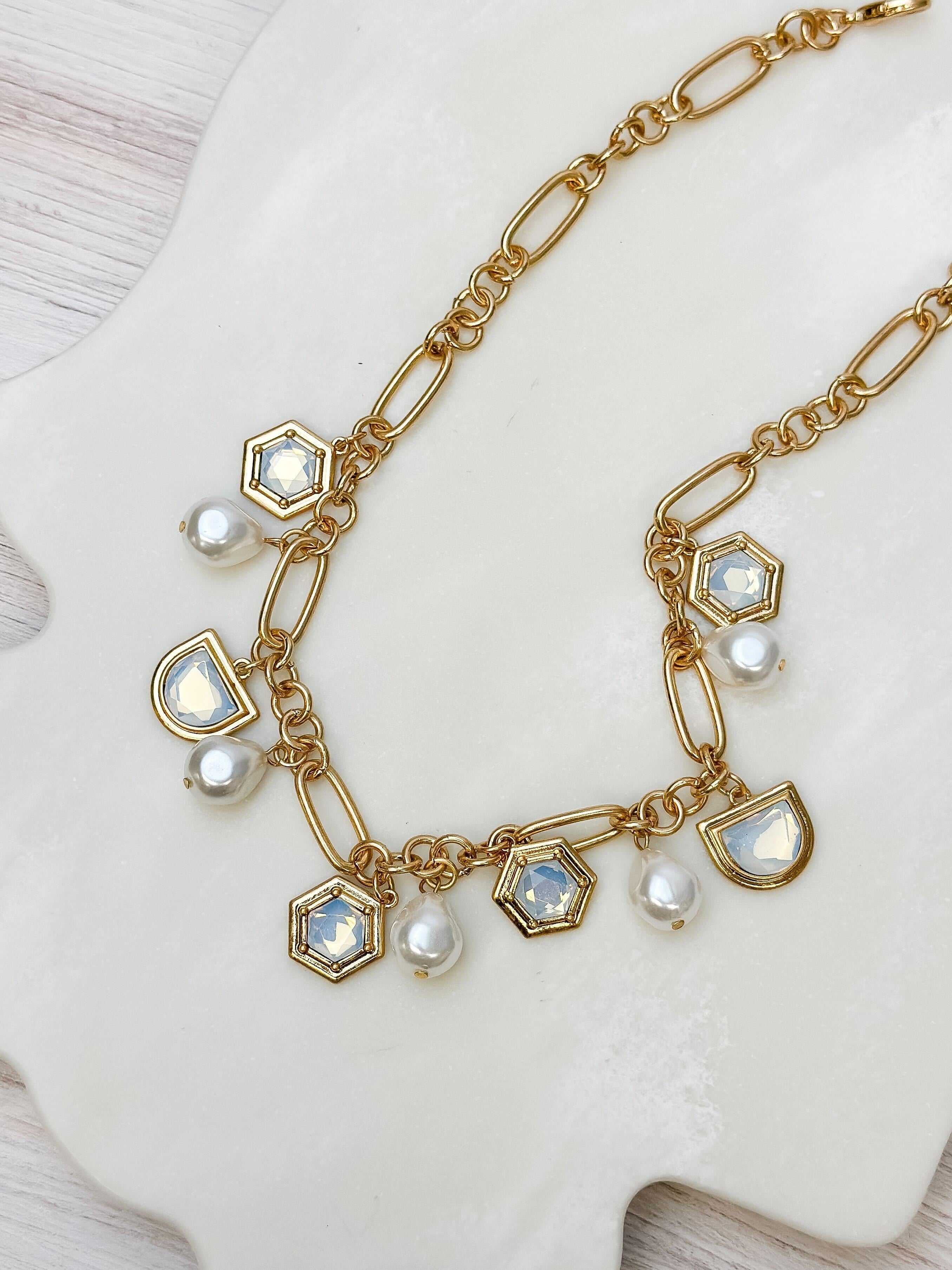 Pearl & Iridescent Stone Charm Necklace - Opal
