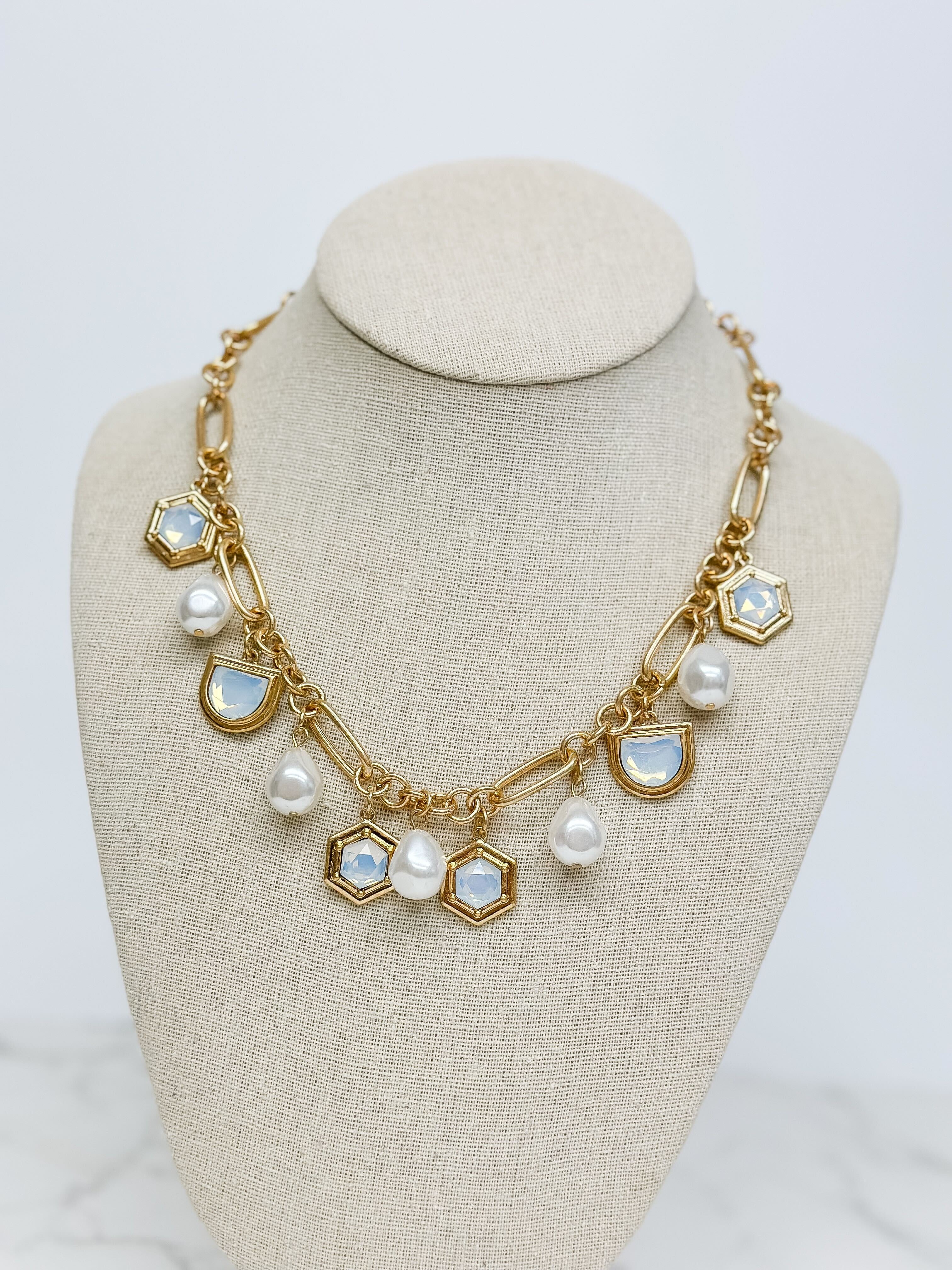 Pearl & Iridescent Stone Charm Necklace - Opal