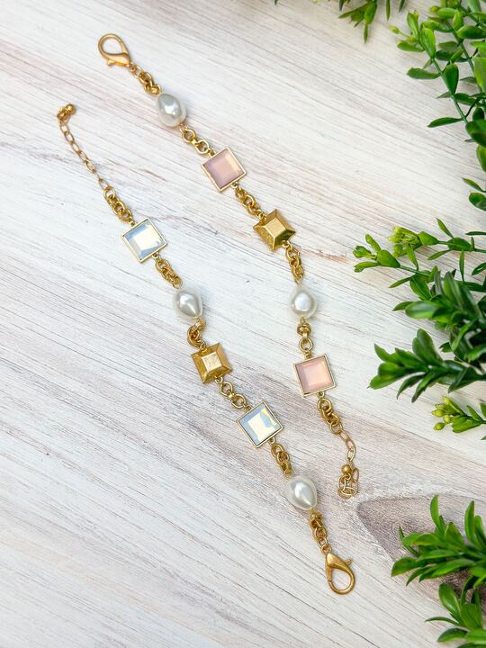 Pearl & Iridescent Stone Station Bracelet - Opal