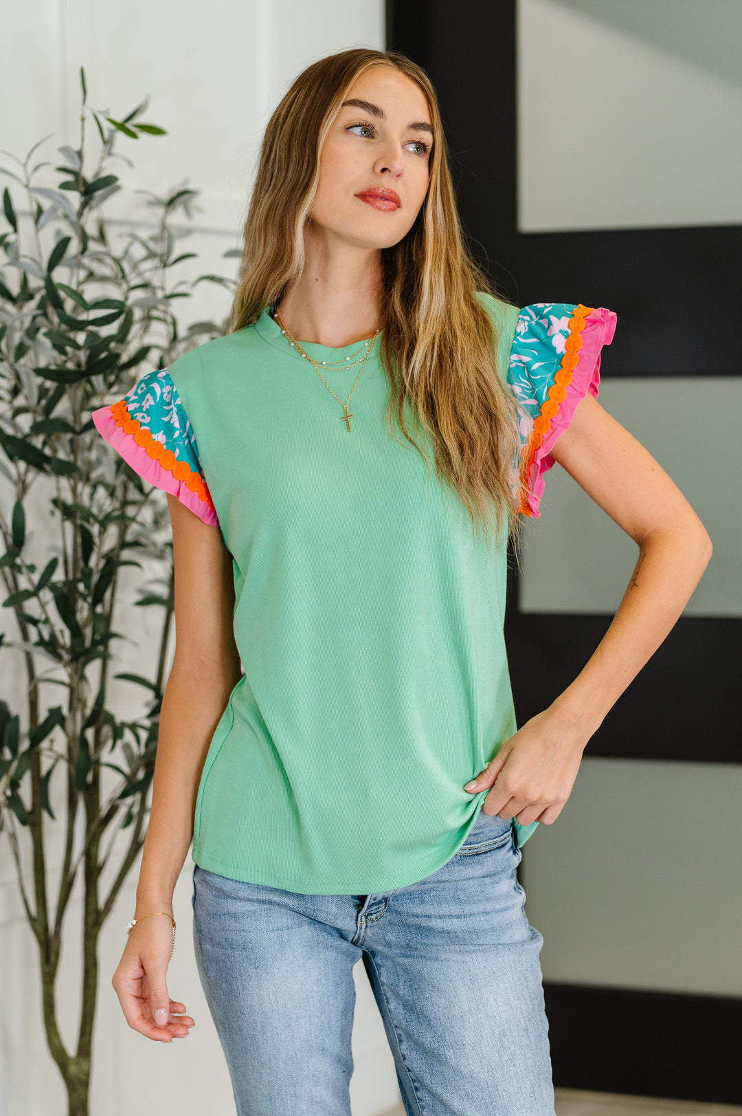 Petals & Poise Floral Flutter Sleeve Top in Green - 6/25