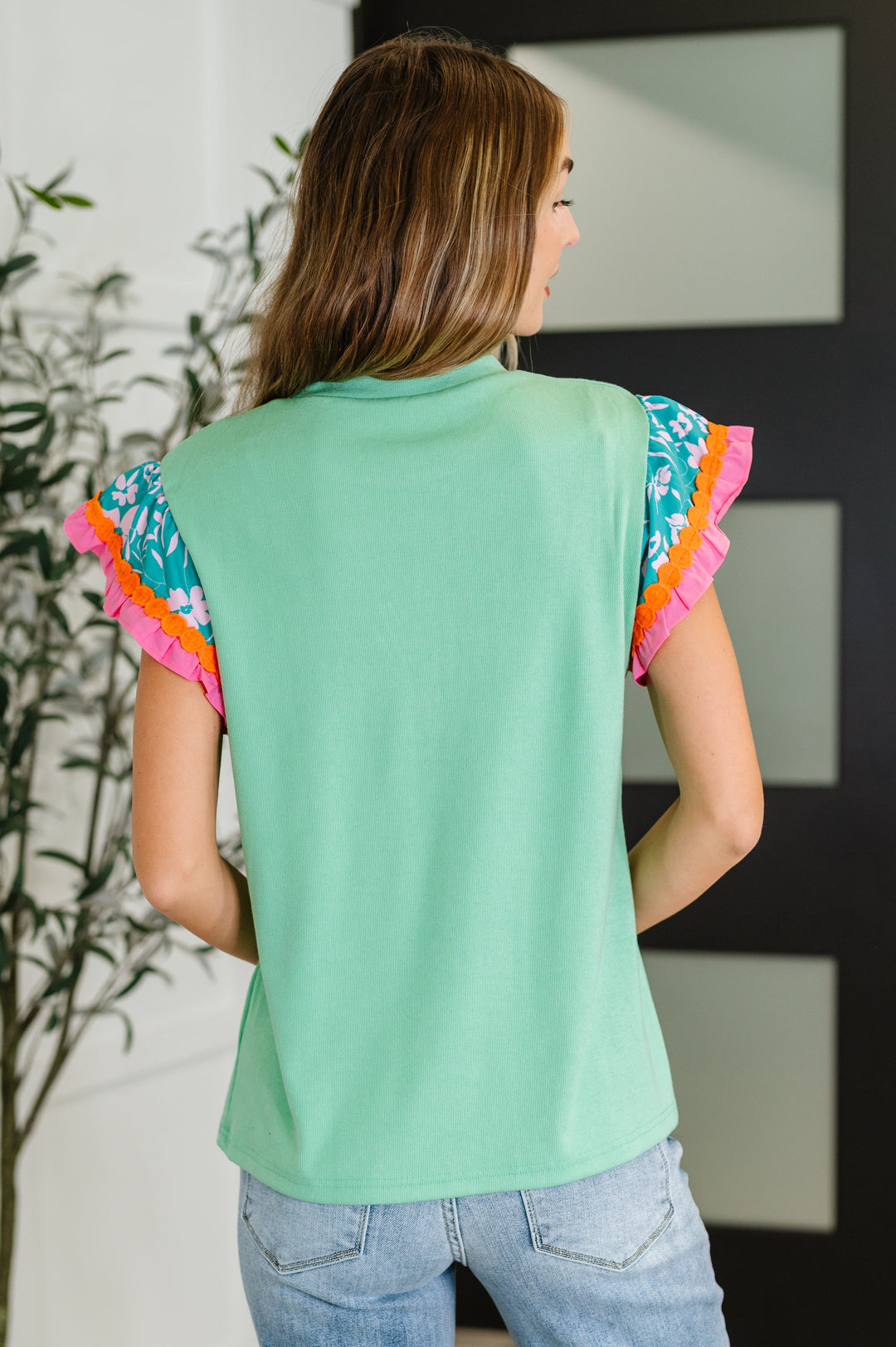 Petals & Poise Floral Flutter Sleeve Top in Green - 6/25