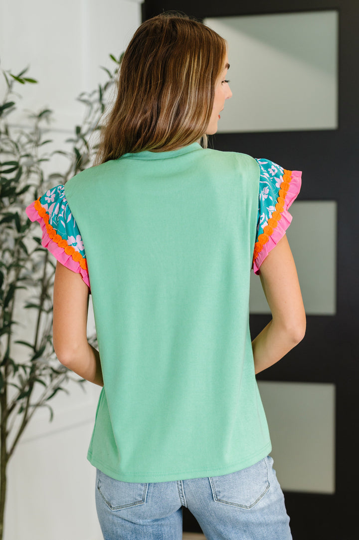 Petals & Poise Floral Flutter Sleeve Top in Green - 6/25