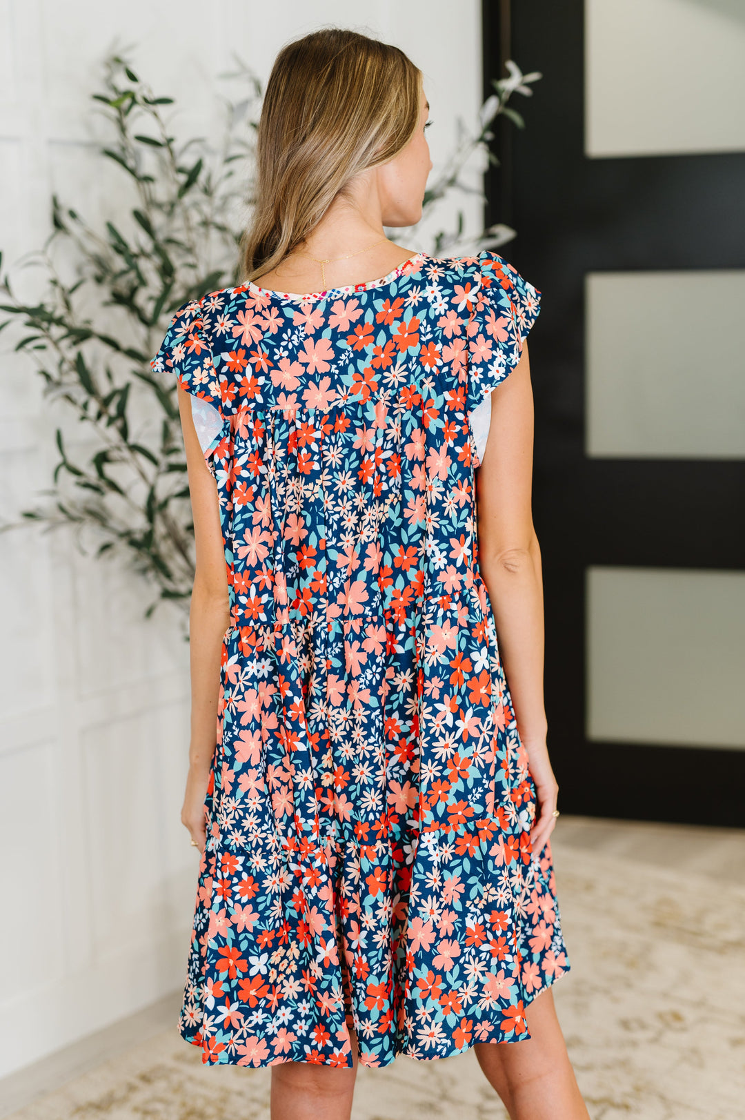 Petal to the Metal Flutter Sleeve Dress in Navy/Coral - 7/2
