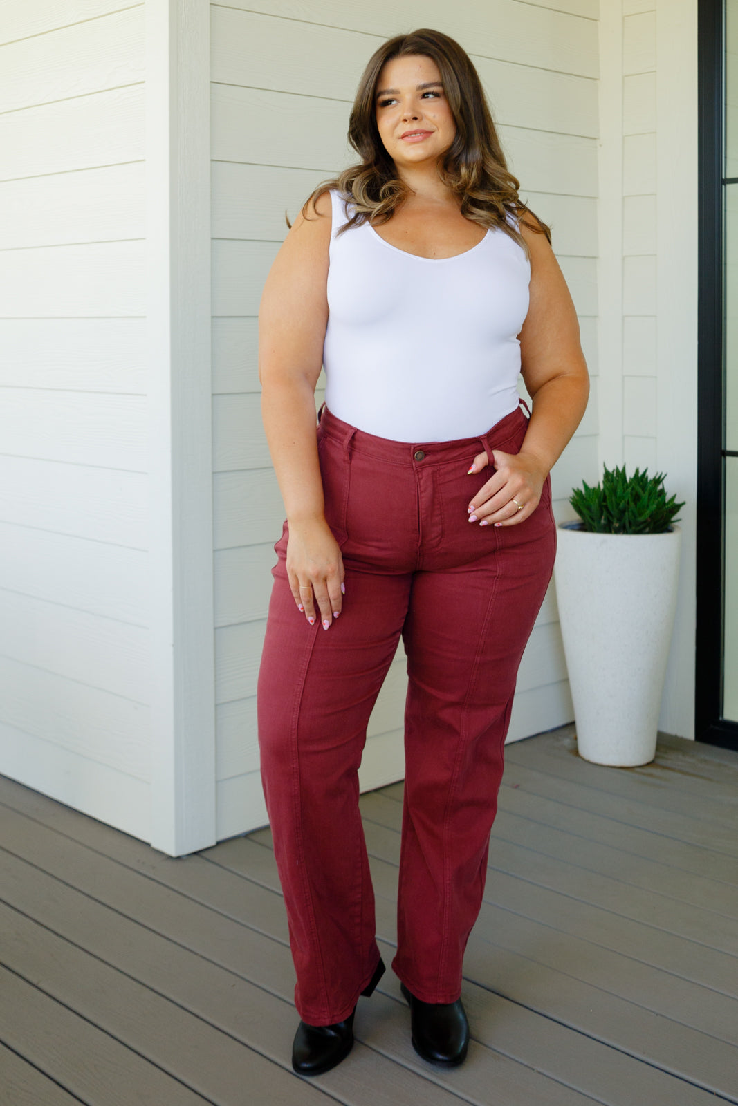 Phoebe High Rise Front Seam Straight Jeans in Burgundy by Judy Blue