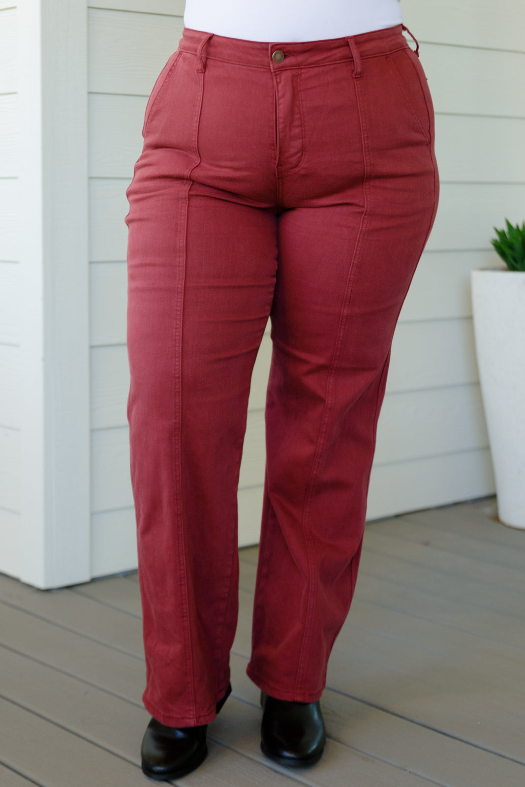 Phoebe High Rise Front Seam Straight Jeans in Burgundy by Judy Blue