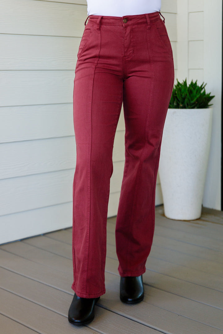 Phoebe High Rise Front Seam Straight Jeans in Burgundy by Judy Blue