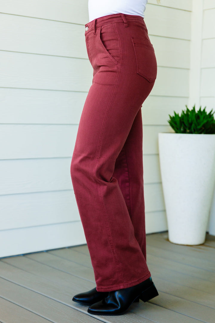 Phoebe High Rise Front Seam Straight Jeans in Burgundy by Judy Blue