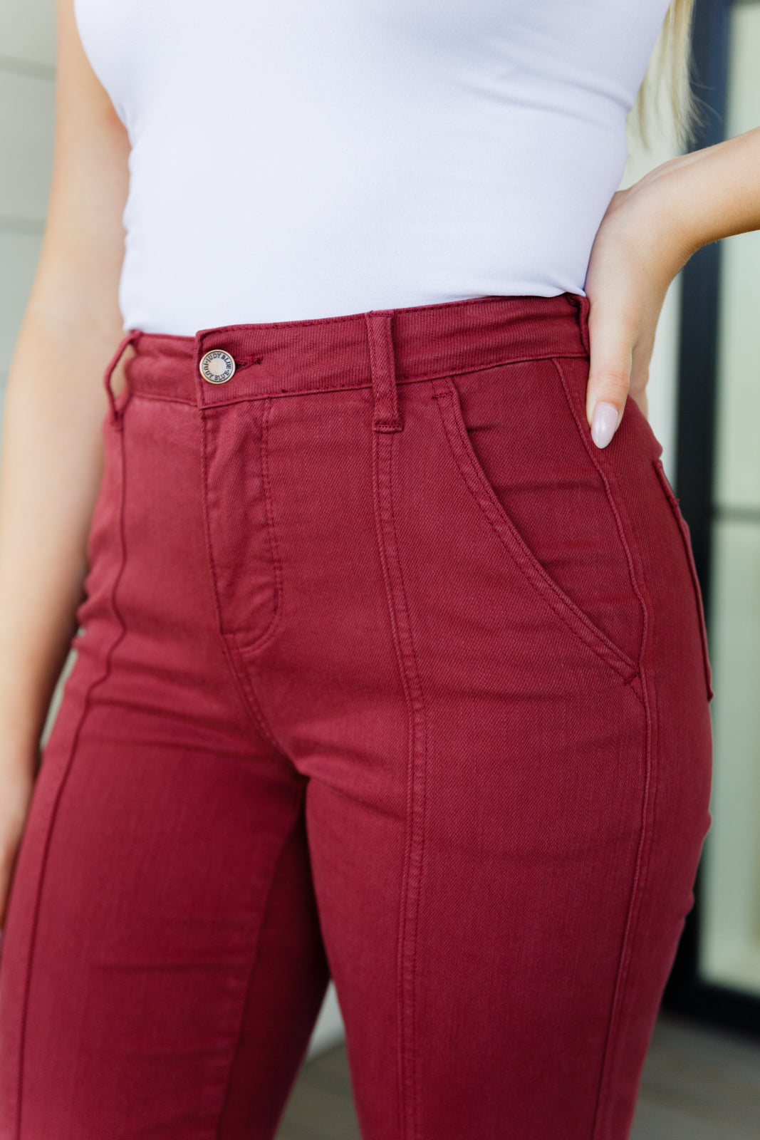 Phoebe High Rise Front Seam Straight Jeans in Burgundy by Judy Blue