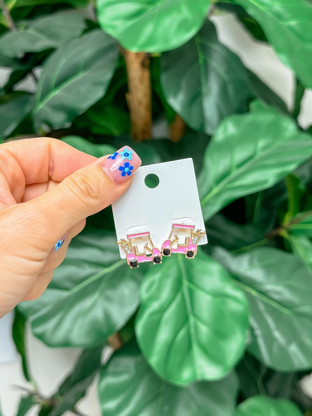 Pink Rhinestone Golf Cart Stud Earrings