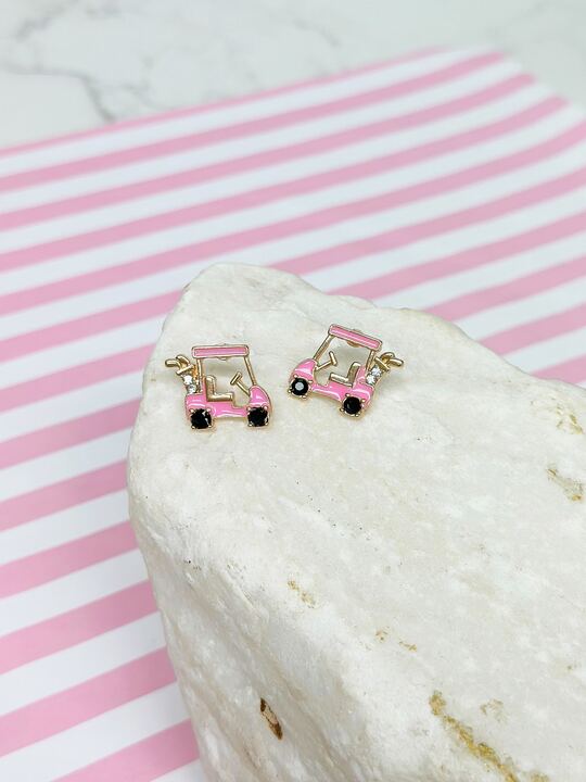 Pink Rhinestone Golf Cart Stud Earrings