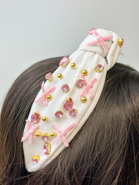 Ribbon & Jewel Top Knot Headband - Pink