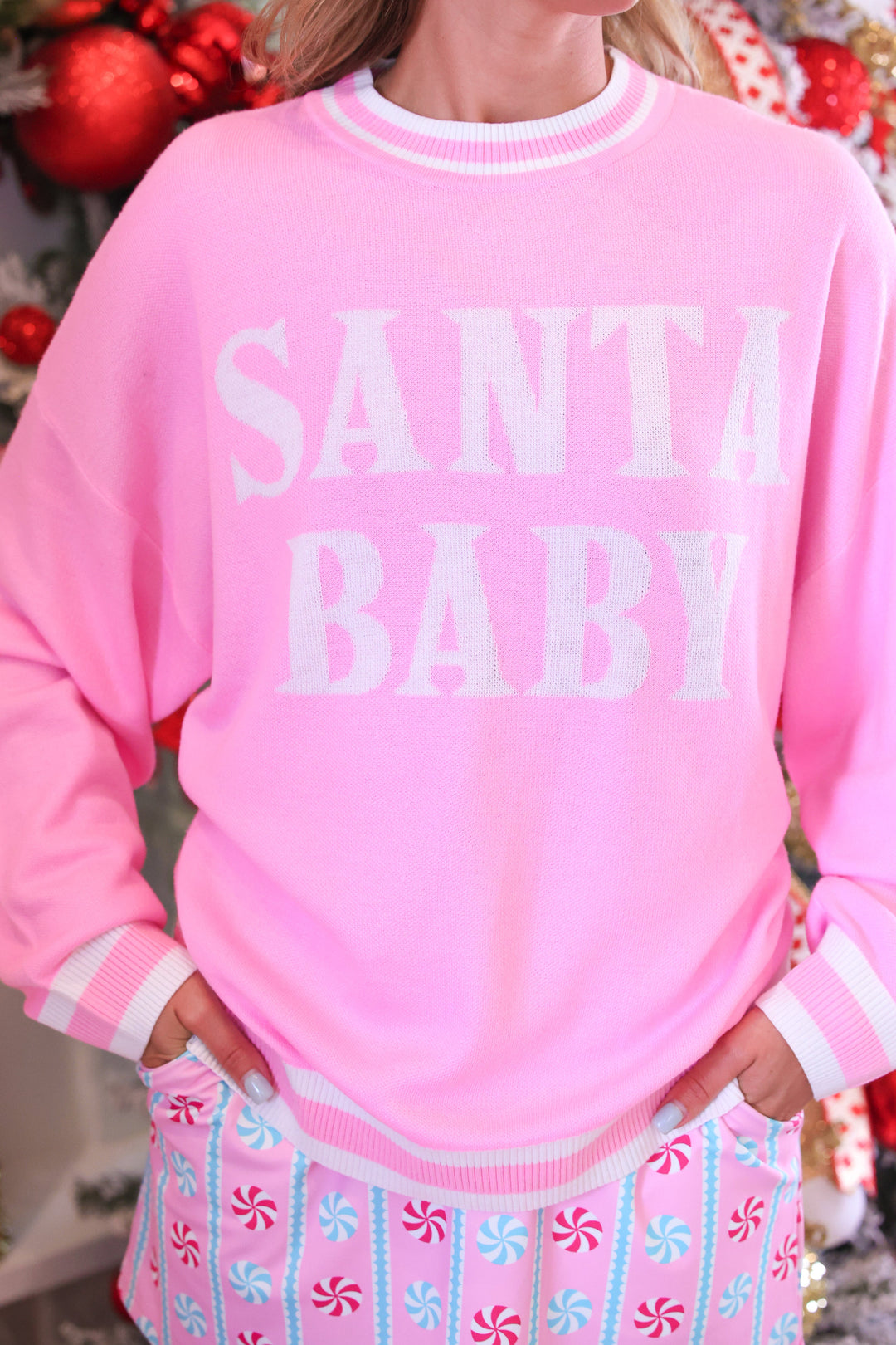Pink Santa Baby Jacquard Knit Sweater by Jess Lea (PREORDER: Ships in October)