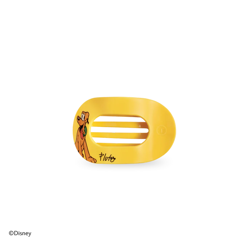 Disney x Teleties Pluto tiny flat round hair clip in yellow with Pluto character graphic and signature on white background