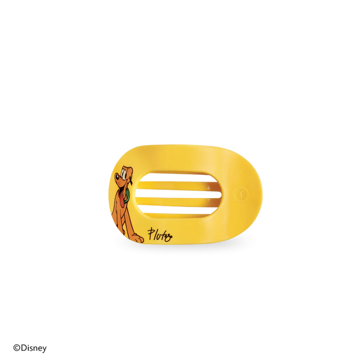Disney x Teleties Pluto tiny flat round hair clip in yellow with Pluto character graphic and signature on white background