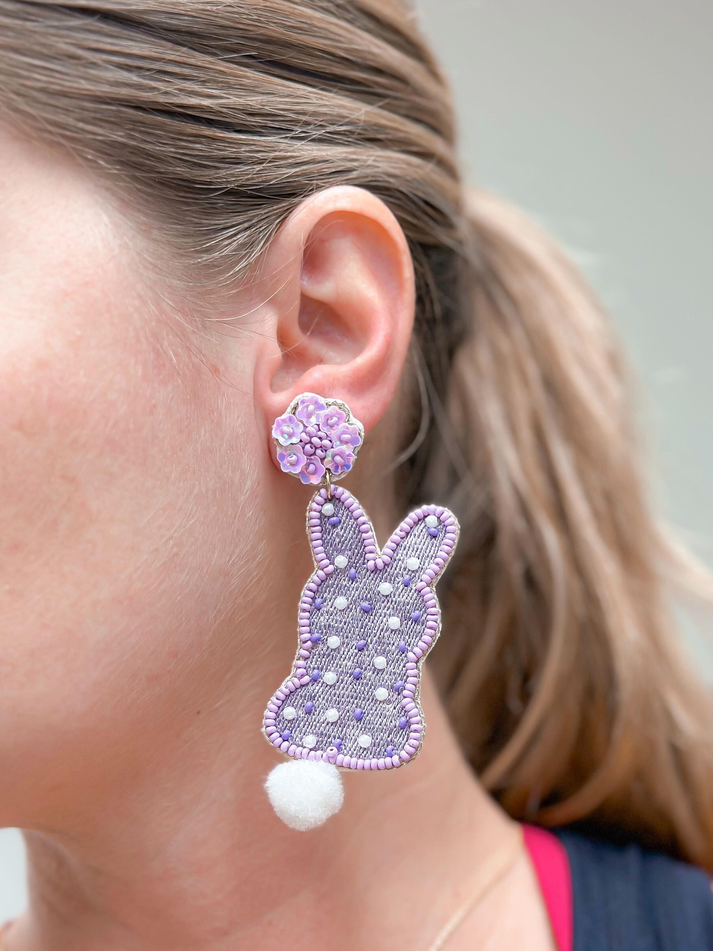 Easter Bunny Beaded Dangle Earrings - Purple