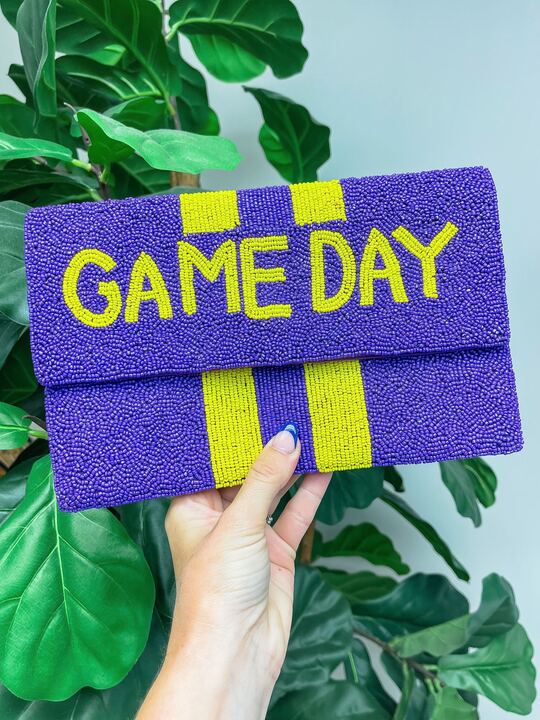 'Game Day' Beaded Clutch & Convertible Crossbody - Purple & Yellow
