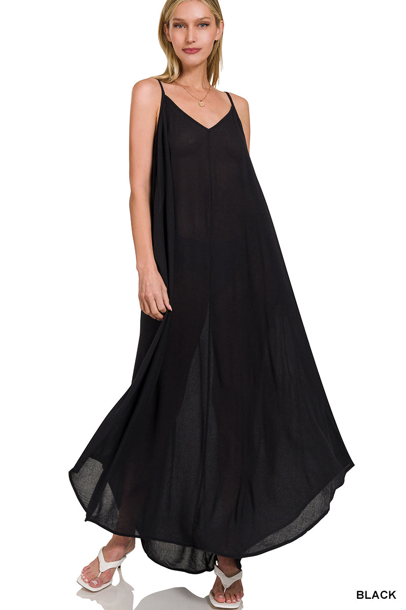 Crinkle Cami Maxi Pocket Dress - Black